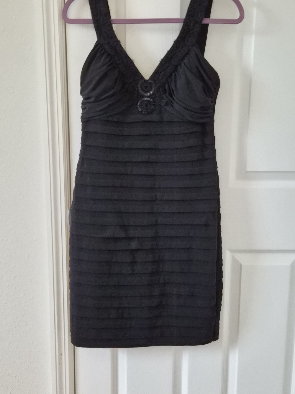 London Times Black Sleeveless V-Neck Layered Mini Dress